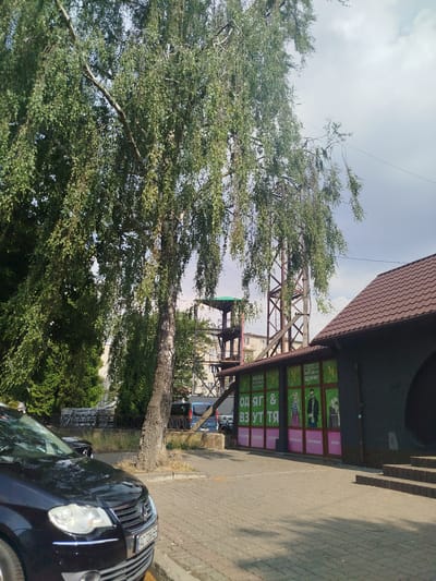 This media file captures a street-level view in Novovolynsk, Ukraine. The foreground is dominated by the front portion of a black car parked on a paved surface. To the right of the car, a building with a dark facade and a brown tiled roof is visible. The building features large green panels adorned with graphics and text in Ukrainian, advertising a new collection and highlighting "unique beneficial prices." These panels display stylized illustrations of people and various product categories such as "accessories," "textiles," "lingerie," "for women," "for men," and "for children."
Behind the building, a tall, slender metal tower structure stands, partially obscured by the dense foliage of a large tree with drooping branches. The tree itself is a prominent feature, its green leaves creating a natural canopy. In the background, more trees and buildings can be seen, suggesting an urban or semi-urban environment. The sky above is partly cloudy, indicating a daytime scene with moderate weather. The overall impression is a commercial area with an emphasis on retail, possibly a clothing store, set against a backdrop of nature and industrial structures. The text on the building's facade indicates a sale or promotion, likely for a clothing or apparel store.