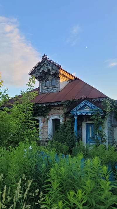 A medium-shot, vertical, eye-level, outdoor photograph captures a weathered, abandoned brick and wood house partially obscured by overgrown greenery and vines. The house features a steeply pitched, rusted metal roof, a dormer window with intricate wooden carvings, and decorative trim around the roofline and a small blue porch. One window on the lower level is open, and the brickwork is visible through peeling paint and vines. A blue wooden fence is also visible, covered in plants. The sky above is clear blue with a crescent moon visible and a few wispy clouds. The image appears to be taken during the late afternoon or early evening, given the warm light illuminating the upper portions of the house. The scene suggests a rural or suburban setting, likely in the village of Afonino, Russia. There are no people or animals present in the image.