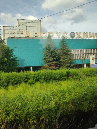 This is a daytime exterior shot of a building in Staraya Russa, Russia, identified by the prominent Cyrillic signage "СТАРОРУСХИМ" (Staraya Russa Chemical) across its upper facade. The building features a distinctive teal-colored facade, composed of numerous horizontal panels, which dominates the mid-ground. Above this teal section, large, three-dimensional, weathered Cyrillic letters spelling "СТАРОРУСХИМ" are mounted on a structure of brick and metal panels. A circular emblem containing the letters "ХМ" is positioned between the "РУС" and "ХИМ" segments of the sign.

The foreground is densely covered with vibrant green bushes and shrubs. Two tall, dark green coniferous trees stand in the center, partially obscuring the building's facade and the "РУСХИМ" portion of the sign. Additional deciduous trees are visible on the left. On the right side of the building, a section with multiple rectangular windows is visible, partially obscured by one of the coniferous trees. Ground-level elements include a lamppost with two lights and a partially visible informational sign on the far right.

The sky is partly cloudy with patches of blue visible. Overhead power lines stretch across the upper part of the image. No people or specific actions are depicted in the scene.