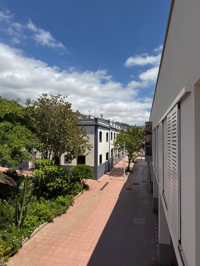 This is an outdoor, eye-level, vertical, rotated shot of a residential street in Fañabé, Spain. The scene is dominated by a paved walkway and a building with a dark-grey and white facade, featuring evenly spaced windows. Adjacent to the building is a lush garden filled with various green bushes and trees, some of which bear small red and white flowers. A tall cactus plant is also visible in the garden. The sky above is a vibrant blue, dotted with fluffy white clouds. The sun is casting shadows, indicating it is daytime, likely late morning or early afternoon, based on the angle of the shadows. The overall atmosphere is tranquil and sunny, suggesting a pleasant day. No people are visible in the frame, and there is no discernible text. The architecture suggests a Mediterranean or similar climate.