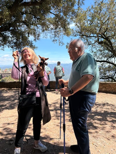 The image captures an outdoor scene at a scenic mountain location, likely a path or viewpoint in Monistrol de Montserrat, Spain. The photograph is oriented vertically, depicting two main individuals and two others in the background under a bright, clear sky.
In the foreground, an older man with gray hair, wearing glasses, a light green polo shirt, and dark blue pants, leans forward, holding a pair of trekking poles. A watch is visible on his left wrist. He appears to be pausing or resting during a walk. Visible text on his trekking poles includes "AKUYE" and "ANTISHOCK".
Beside him, an older woman with blonde hair smiles brightly at the camera, holding a small brown dog, possibly a Chihuahua or Miniature Pinscher mix, in her arms. She wears a pink sweater, a dark jacket, and dark pants, with white and gray sneakers on her feet. She also holds a pair of dark sunglasses in one hand. A black shoulder bag hangs across her body.
In the background, two other individuals are partially visible further along the path; one wears a light green quilted vest. The ground is a light-colored dirt path with strong shadows cast by unseen objects, indicating bright sunshine and clear weather, likely midday or early afternoon. Overhead, the canopy of leafy green and brownish trees frames the blue sky. In the far distance, a mountainous landscape stretches under the bright sky, suggesting a panoramic view. The overall mood is one of enjoyment and relaxation during an outdoor activity.