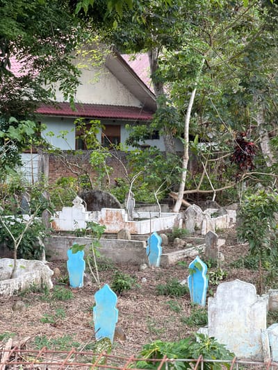The image depicts a neglected cemetery or burial ground situated in Ietarek Dua, Indonesia, with a building partially visible in the background. In the foreground, a wire fence is partially obscured by green foliage. The ground is dry and covered with sparse brown vegetation and weeds. Numerous tombstones and grave markers are scattered across the scene. Four prominent light-blue, arch-topped grave markers with white decorative trim are positioned in the mid-to-foreground. Other grave markers consist of weathered grey and white stone or concrete slabs, some forming low enclosures. Towards the left-center, a larger, white-tiled grave structure with a multi-tiered top shows signs of rust and discoloration. Dense green foliage, including various trees and shrubs, heavily surrounds the cemetery, with some bare branches visible. In the background, behind a brick wall, stands a building with a light-blue lower facade and a red-tiled roof. The upper section of the building features a gabled, light-colored wall beneath a similar red-tiled roof. Dark-framed windows are visible on the building's lower level. No individuals or active interactions are present in the scene. The overall environment suggests a tropical setting with abundant vegetation.