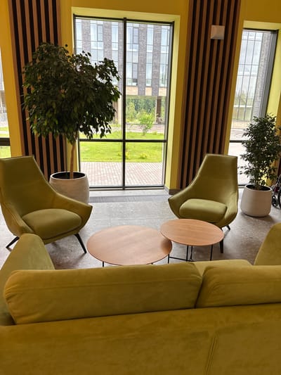 This image depicts a contemporary lounge area with a focus on green upholstery and natural light, likely in a commercial or residential building in Kholmy, Russia. Two olive-green armchairs are positioned facing each other, flanking a set of two circular wooden coffee tables. A large sectional sofa in the same green hue occupies the foreground, partially obscuring the view. Behind the armchairs, large windows reveal an exterior view of a grassy area and modern buildings with a brick facade. To the left, a tall potted tree with dense foliage stands in a grey planter. To the right, another smaller potted plant adds greenery. The walls are painted a bright yellow, and a section of the wall features vertical wooden slats. The flooring is a speckled grey tile. The overall impression is one of modern comfort and a connection to nature within an urban setting. There are no people visible in the image.