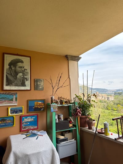 The image shows a balcony in Rignano Flaminio, Italy. A partial view of the city can be seen in the background. The balcony has an orange wall decorated with several framed pictures, including a large portrait of Che Guevara. A green shelf unit is present, holding plants, gardening tools, and other objects. A white cloth covers a portion of the shelf.