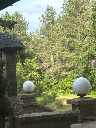 This image captures a serene outdoor scene in Sushina, Bulgaria, characterized by a blend of lush nature and rustic stone architecture, viewed under a partly cloudy sky.

In the midground on the right side of the frame, two prominent spherical, white outdoor light fixtures are visible. These globe lights are mounted on sturdy stone pillars or walls, which exhibit a textured, pebbled concrete or exposed aggregate finish in shades of grey and brown. These stone structures suggest they are part of a railing, fence, or building facade.

The background is dominated by a dense, vibrant forest, primarily composed of tall conifer trees with their characteristic needle-like foliage, interspersed with some lighter green deciduous trees. A narrow dirt path or clearing can be seen winding through the abundant greenery in the mid-right portion of the forest, hinting at trails within the woods.

In the lower-left corner, a dark-colored, shingled roof structure, possibly belonging to a building or gazebo, is partially visible. The sky in the upper-left of the image is partly cloudy, suggesting a daytime scene, likely morning or late afternoon, given the soft, diffused natural light. No people or specific activities are present, contributing to the peaceful and quiet ambiance of the natural setting. The overall impression is one of tranquil nature meeting simple, functional man-made elements.