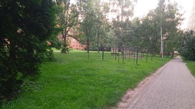 This is a medium-angle, eye-level shot of a park area with a paved walkway. The walkway, made of grey interlocking bricks, is on the right side of the frame and extends into the distance. The park itself is covered in lush green grass with scattered small white flowers.

In the background, a multi-story brick apartment building with many windows is visible through a cluster of trees. The trees are a mix of deciduous and evergreen, with one tall, white-barked tree standing out amongst them. On the left side of the park, a dense evergreen tree partially obscures the view of the apartment building.

In the middle ground of the park, there is an outdoor exercise equipment area. It consists of several metal bars forming rectangular frames, some with what appear to be pull-up bars. There is also a single park bench visible within this area. The overall scene suggests a residential area, likely an apartment complex courtyard in Karviná, Czechia.

The lighting indicates it is daytime, possibly late afternoon or early evening, with soft, diffused light suggesting overcast conditions or the golden hour. No people are visible in the scene. There is no visible text. The mood is peaceful and serene.