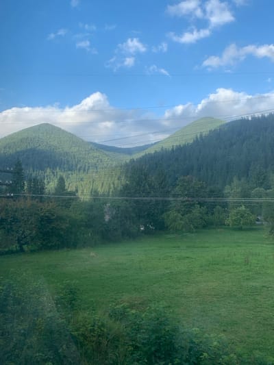 The image displays a daytime landscape in Tatariv, Ukraine. The upper third of the frame features a clear blue sky with scattered white cumulus clouds. Multiple dark, thin utility lines traverse horizontally across the mid-upper section of the frame. The background is dominated by two large mountains densely covered in dark green coniferous trees, appearing to form a valley between them. In the midground, a band of various trees, including both coniferous and deciduous species, separates the mountains from an open expanse. A light-colored building is partially visible through the foliage on the left side of the midground. The lower half of the image is occupied by a wide, vibrant green grassy field, with darker green bushes and foliage present along the immediate foreground. A dark vehicle is faintly discernible behind trees on the far right midground. No individuals, animals, or discernible actions are present. The scene is illuminated by natural daylight, casting subtle shadows on the mountain slopes and within the treelines.