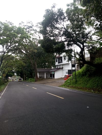 A paved asphalt road with a broken yellow center line and a solid white left edge marker extends into the distance, slightly curving left. Large trees with dense green foliage line the left side, forming a partial canopy. In the mid-distance on the road, a light-colored vehicle, possibly a van, and a person on a motorcycle are observed moving away from the viewer. On the right, a steep, grass-covered hillside rises. Further back, a multi-story white building with dark-framed windows and a balcony is situated, adjoined by a single-story structure with a dark-tiled roof and an open porch area where clothes are visible. A red compact vehicle is parked in front of the white building. The sky is overcast. The scene depicts a roadway in the city of Kamji Na-Yekha, Bhutan.
