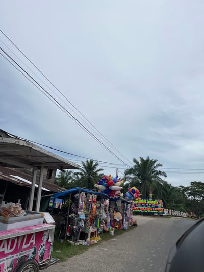 The image depicts a roadside scene in Seunebobaru, Indonesia, with a focus on two street vendors. To the left, an ice cream cart, predominantly pink and white, displays the text "ADILA" and a phone number, and contains what appears to be bread rolls in a cooler. Adjacent to the ice cream cart is a stall selling various small items, including balloons, toys, and other merchandise, displayed on racks and a table. Further down the road, another stall or display is visible with a blue tarp overhead, showcasing more goods. In the background, palm trees line the road, and a sign with Indonesian text is prominently displayed. Power lines stretch across the overcast sky. The road is paved, and the environment appears to be a rural or semi-rural area. No people are clearly visible in the image.