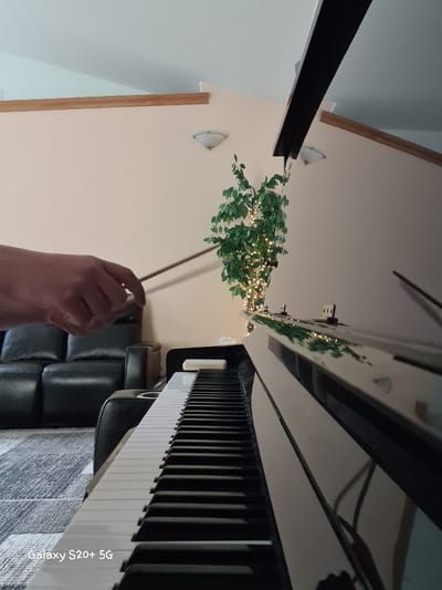 The image depicts an indoor scene, possibly a living room or a music room, located in Woodburn, United States of America. A hand is shown holding a conductor's baton, poised over the keys of a grand piano. The piano is shiny black and extends into the foreground. To the left of the piano, a black leather sofa is visible, and a patterned rug lies on the floor. In the background, the walls are painted a light peach color, and two ceiling lights are mounted. A decorative tree with small white lights is positioned behind the piano, near the center of the frame. The overall lighting suggests an ambient indoor setting.