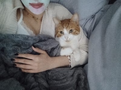 The image shows a woman holding a cat in her arms, with her face covered in a white face mask. The woman is wearing a white knitted sweater and a white bra. The cat is orange and white, with green eyes and a white stripe across its face. It is curled up in the woman's arms, looking toward the camera. The woman has her arm around the cat, with her hand on its side. She has black nail polish on her fingertips. She is sitting on a gray couch, and the image is captured from the upper chest level, showing the scene from the perspective of someone standing in front of the woman. The background is out of focus and blurry. The image was taken in the city of Réghaïa, Algeria, at the coordinates 36.729, 3.369. The image is warm in tone and has a soft, gentle feel.