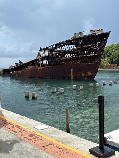 This image captures a forensic view of a large, heavily rusted shipwreck partially submerged in greenish-blue water, observed from a concrete dock in Roatán, Honduras. The wreck, identifiable as the "Odyssey," displays significant structural decay, with its metal hull and superstructure extensively corroded, exposing internal framing and skeletal remnants. The ship lists slightly, positioned diagonally across the frame, with its bow oriented towards the right.
In the foreground, a section of a concrete dock is visible, featuring a yellow painted line along its edge and a reddish-brown paver section. White stencil lettering on the concrete explicitly states "DO NOT CROSS." A black, heavy-based stanchion stands on the dock in the lower right, partially obscuring a white boat or structure. Approximately ten uniformly spaced, square concrete pilings protrude from the calm water in the midground, forming a line parallel to the dock. A single wooden piling is also present closer to the dock.
The background reveals lush, dense green tropical vegetation covering rolling hills on the opposite shore. A constructed wall or embankment made of large, light-colored blocks is visible at the base of the hills behind the shipwreck's bow. The sky above is partially cloudy, indicating daytime conditions. The scene is static, devoid of people or active interactions.