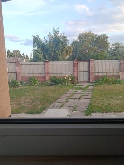 The image captures a view of a backyard through a window, looking out towards a fence and garden. The scene is set in Nove Zalissia, Ukraine. In the foreground, the bottom edge of the window frame is visible, with a dark horizontal bar across the top of the lower portion of the image. Beyond the window, a pathway made of irregular flagstones leads through a grassy yard. A fence with vertical corrugated metal panels and brick pillars marks the boundary of the property. Flowerbeds with orange and white lilies, as well as other green foliage, are planted along the fence. Trees with green foliage are visible in the background, and the sky above is partly cloudy with a light blue hue.