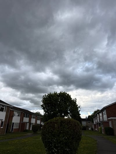 The image shows a residential street in Hazlemere, United Kingdom. The sky is overcast with dark, heavy clouds, suggesting imminent rain. On either side of the paved walkway are lawns with patches of yellow flowers. Two rows of terraced houses, constructed with red brick and white uPVC window frames, are visible. A large tree with dense green foliage stands in the center of the frame, partially obscuring a hedge. The overall atmosphere is somber due to the cloudy sky.