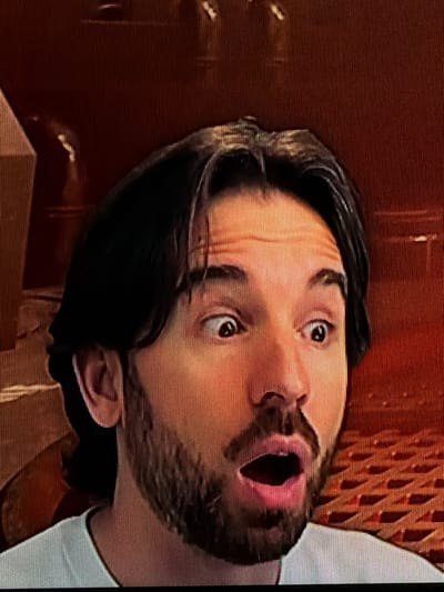 This is a close-up, low-resolution, digitally pixilated, frontal portrait of a person's face against a dark, textured background. The subject has dark hair, a beard, and wide-open eyes and mouth, conveying a surprised or shocked expression. The lighting appears to be from the front, illuminating the face and highlighting the texture of the skin and hair. The background is a uniform dark reddish-brown with vertical lines, possibly indicating a wall or fabric. There is no discernible context that would place this image in Castillo Bajo-conejito, Spain, or any other specific geographical location.