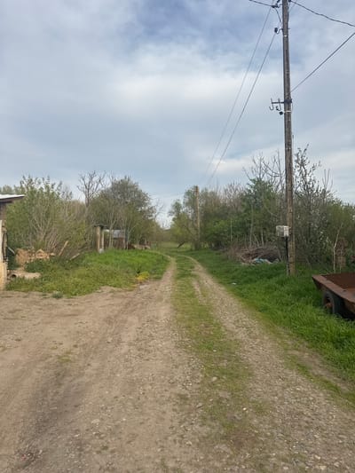 The image shows a dirt road in a rural setting. The road is flanked by green grass and vegetation. Utility poles with wires run alongside the road. The sky is overcast. The location is not specified in the city of Gromshin, Bulgaria. There are no people depicted in the image.