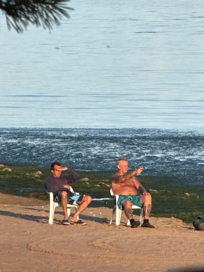 Two men are seated on white plastic chairs on a sandy beach, facing a body of water. The man on the left wears a dark long-sleeved shirt and patterned shorts, with his hand shielding his eyes as if looking into the distance. The man on the right is shirtless, wearing patterned swim trunks, and is pointing towards something to his right with his right hand. The water appears choppy with a distant shoreline or landmass visible. The environment is a beach with sand and some greenery. A dark object, possibly a speaker or bag, is visible on the sand to the right of the frame. The sky is a pale blue, suggesting daytime.