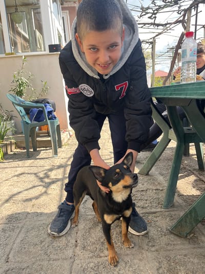 A young boy smiles while holding the head of a medium-sized, black and tan dog. Both are outdoors on a concrete surface in what appears to be a backyard. A green plastic table and chairs are nearby. In the background, there is a vine-covered structure, a white building with windows, and another person sitting at the table. There's also a plastic bottle on the table. A green plastic chair is in the lower-left corner. The location is indicated as Hrishteni, Bulgaria.