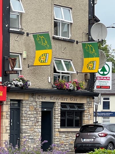 This image captures a street view of a building with a prominent sign for "The Reveller Bar". The building features a textured, light-colored facade with several windows, some of which are open. Two flags are visible, flying from poles attached to the building. The flags are divided into green and yellow halves, with the yellow side displaying a crest. The green half of the flags features an outline of Donegal, and text that reads "Donegal" and "DON NA NGALL".

Above the flags, a large satellite dish is mounted. Further up, a sign for "SPAR", "Timony's", "anpost", and "OFF LICENCE" is visible, indicating a retail establishment. A silver car is parked to the right of the building, with its license plate reading "201-D-6218". The building's facade is constructed of stone blocks in varying shades of gray and beige.

The scene appears to be outdoors, likely in a town or city, given the building architecture and street-level view. The presence of flags with regional insignia and the "Guinness" sign suggest a location in Ireland, specifically Donegal. The lighting suggests it is daytime, and the foliage indicates it could be spring or summer. There are no people visible in the image. The overall impression is one of a commercial street in a populated area.