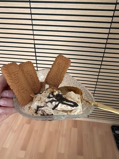 A close-up shot shows a hand holding a glass dessert filled with ice cream and biscoff cookies. The dessert is topped with chocolate sauce and cookie crumbles. A golden spoon is inserted into the ice cream. The background features a wall with vertical wooden slats and a wooden floor. The image has a warm, inviting tone, suggesting a pleasant moment of indulgence. The overall lighting indicates daytime. Visible text on the biscoff cookies reads "Biscoff". The scene is set in Oberjettingen, Germany.