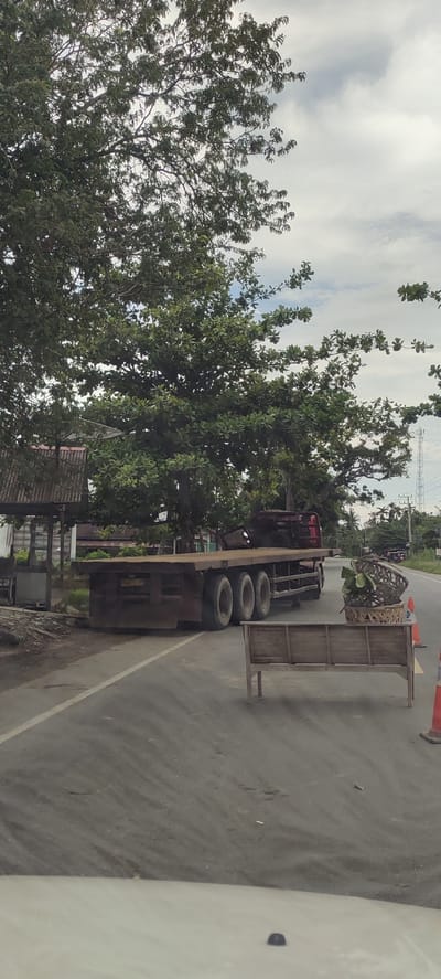 A large, flatbed truck with a red cab sits partially parked on the side of a paved road in Matangpanyang, Indonesia. The truck bed appears empty. To the right of the truck, in the road, a wooden bench and a basket with vegetation are situated, flanked by orange traffic cones. The scene is partly obscured by lush, green trees. A small structure with a corrugated metal roof is visible to the left of the truck. Power lines are visible in the background to the right. The sky is overcast. The photo appears to have been taken from inside a vehicle.