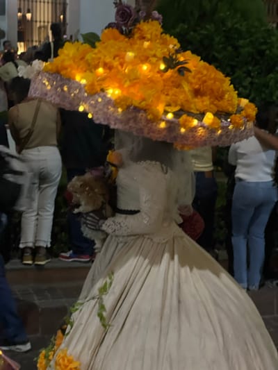 An evening scene in Guanajuato City, Mexico, depicts a central figure in an elaborate costume, viewed from a slightly elevated rear-left perspective, surrounded by a public gathering. The primary subject is adorned in a long, off-white, Victorian-style dress featuring a full skirt and lace detailing on the sleeves. A black band cinches the waist. The individual wears a wide-brimmed hat covered densely with numerous orange marigold-like flowers and illuminated by small, warm-toned LED lights along its brim. The underside of the hat's brim is light purple with additional small lights. A green vine trails down the front of the dress. The figure holds a small, fluffy, light brown dog with dark eyes in their left arm, while a small, red, textured bag is held in their right hand. The person's face is obscured by the hat and a veil. In the out-of-focus background, other individuals are present, indicating a crowd. To the left, a person wears a tan top and white pants. To the right, another person wears a white top and blue jeans. The ground is paved, and distant, dimly lit buildings with barred windows and foliage are visible, suggesting an urban outdoor setting at night.