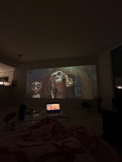 A dimly lit living room in Aventura, United States of America, features a large projection screen displaying an animated movie. Two animated characters, resembling leopards, are visible on the screen. In the foreground, a coffee table holds a laptop displaying the same movie, a black tumbler, and a white cup. A patterned blanket covers a surface in front of the coffee table. The environment appears to be a residential setting, with hints of a kitchen area in the background.