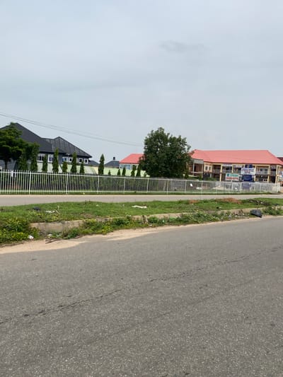 The image shows a street view in Dushepe, Nigeria, on an overcast day. The foreground is dominated by a paved road with some debris and weeds along the shoulder. Beyond the road, there is a white metal fence separating the street from a strip of grassy land. Behind the fence, on the left, are several modern buildings with dark sloped roofs, interspersed with tall, slender green trees. Further to the right, a larger building with a bright red roof is visible. This building appears to be a hospital or medical facility, with signage that includes "DAUGHTERS OF CHARITY OF ST. PAUL HOSPITAL" and "VERITAS INSTITUTE TEACHING HOSPITAL". There are no people visible in the frame. The overall environment appears to be a developed urban or semi-urban area.