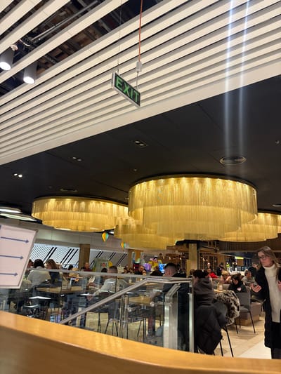 The scene depicts an interior view of a commercial establishment, likely a restaurant or food court, located in Bubuieci, Moldova.

The upper portion of the image features a ceiling composed of white, horizontal slatted panels interspersed with visible structural elements and recessed lighting. A dark grey ceiling section runs below this, also featuring recessed lights. An illuminated "EXIT" sign with green lettering on a white background hangs suspended from the slatted ceiling via wires and an orange electrical cord.

Below the dark ceiling section, multiple large, tiered, circular chandeliers with golden, fringe-like elements hang as central decorative light fixtures.

In the midground, a dining area is visible, populated by numerous individuals seated at tables. The tables are square and rectangular, paired with chairs of varying designs, some upholstered in grey. Patrons are engaged in activities such as eating, drinking from glasses (e.g., a Coca-Cola glass is visible), and conversing. In the left midground, a person with dark hair wearing a white top is seated at a table.

In the immediate foreground, a wooden railing with a curved top edge and a clear glass barrier partially obscures the lower part of the dining area. A white sign with two blue right-pointing arrows is attached to this barrier on the left.

On the right side of the image, a woman with long brown hair, wearing a white turtleneck sweater and a dark coat, stands in profile, holding a small dark object in her hand. Other individuals are visible in the background, seated at tables. Further in the background, decorative elements resembling hot air balloons are visible, alongside what appears to be a children's play area with colorful equipment. The overall lighting is bright and even.