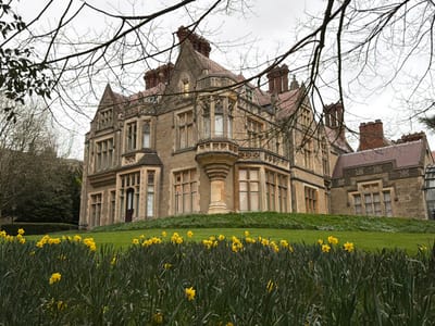 A large, ornate multi-story building, identified as being in the city of Malvern Hills, United Kingdom, occupies the midground. The structure is constructed of light-colored stone masonry with numerous bay windows featuring stone mullions and transoms. Architectural details include multiple gables, dormers, and numerous red brick chimneys rising from a steeply pitched roof clad in reddish-brown tiles. A prominent ornate stone support or balcony extends from a corner bay window. A dark wooden door is visible within a recessed entrance on the left side of the building's facade. In the foreground, a dense patch of yellow daffodils (Narcissus) with green foliage covers the lower portion of the frame. Immediately behind the daffodils, a bright green, well-maintained lawn slopes gently upwards towards the building. The background reveals bare deciduous trees against an overcast, light grey sky. Denser evergreen trees are visible to the left of the building. No individuals, animals, or active interactions are present in the scene. The lighting is diffused and uniform, consistent with an overcast day.