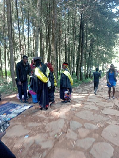 The scene is set outdoors within the city of Waseges ward, Kenya, characterized by a dense arrangement of numerous tall, slender trees with dark green foliage lining a reddish-brown dirt path embedded with irregular flat stones. Natural daylight illuminates the area.
In the mid-ground, a group of approximately five to six individuals is present on the left side of the path. One dark-complexioned male, wearing a dark hooded sweatshirt and dark trousers, stands facing right, appearing to interact with a person in academic regalia. To his right, three individuals are primarily visible, all wearing black academic gowns with yellow stoles or hoods. One female, viewed from the back, wears a black mortarboard cap. Another individual in regalia, with a distinctive red, yellow, and black patterned head wrap, carries a multi-colored patterned bag (purple, orange, green, black) on their left arm, facing towards the right. A blue and pink bucket is positioned on the ground near this group, alongside a blue mat spread on the reddish-brown soil, on which several white items are arranged.
Further down the path in the background, two males are walking. One, wearing a dark long-sleeved shirt and dark trousers, walks away from the camera. The other, wearing a dark top and light blue shorts, walks towards the camera, holding a mobile phone to his right ear and smiling. The far background reveals more blurred figures and trees.