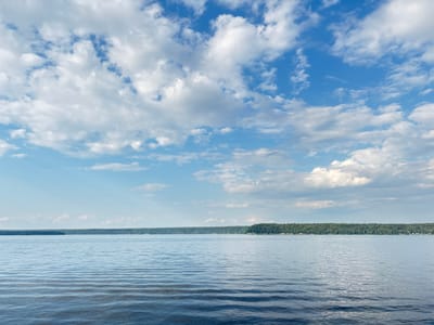 The image depicts a wide, calm body of water, likely a lake or a large river, under a bright blue sky filled with scattered white clouds. The water surface exhibits subtle ripples, catching the sunlight in places. In the distance, a continuous line of dense green forest forms the shoreline, with a faint hint of buildings or structures nestled within the trees on the right side. The horizon is clearly defined, separating the water from the land and sky. The scene appears to be a natural, undeveloped landscape. The location is identified as Lyady, Russia.