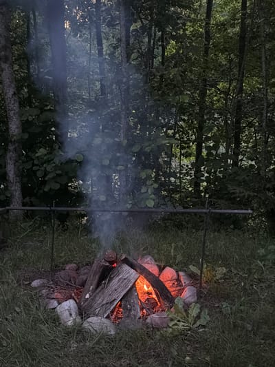 The image depicts a campfire burning in a clearing surrounded by dense forest. The fire is built within a ring of stones, with several logs arranged for burning. Smoke rises from the flames, obscuring the background trees. A metal bar is positioned horizontally above the fire pit, supported by two vertical poles. The ground around the fire is covered in grass and scattered stones. The lighting suggests it is either dusk or dawn, with a muted, natural light filtering through the trees. The forest is composed of tall, slender trees with dense foliage. The scene appears to be in a natural, undeveloped area, possibly a campsite or a secluded spot in the woods. The location is identified as Zaļais ciems, Latvia.
