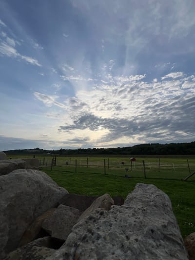 The image depicts a landscape scene with a cloudy sky. In the foreground, there are large grey rocks. Beyond the rocks is a green field with a fence and a few objects. In the distance, there is a line of trees and more cloudy sky. The lighting suggests it is either early morning or late afternoon. The location is Terhillion, Ireland.