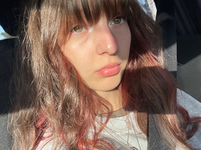 A young female, with fair skin, hazel eyes, and brown hair with a fringe and reddish highlights, is depicted in a close-up portrait inside a vehicle within the Ndlambe Local Municipality, South Africa. She is wearing a light grey top and multiple delicate chain necklaces. Her lips are slightly parted and appear glossy. A black seatbelt crosses her right shoulder and chest. Direct sunlight illuminates the left side of her face and hair, creating pronounced shadows on the right side of her face, hair, and clothing. Dark vehicle interior elements, including a headrest and upholstery, are visible in the background. No specific actions or interactions beyond posing for the image are discernible.