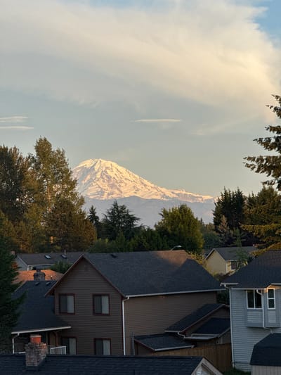 The image shows a view of Mount Rainier from a residential area in Kent, Washington. The mountain, covered in snow, is visible in the distance, framed by trees. In the foreground, several houses with dark roofs are visible. The sky is partly cloudy, with some sunlight illuminating the mountain and the tops of the trees. The overall scene suggests a clear day with good visibility.