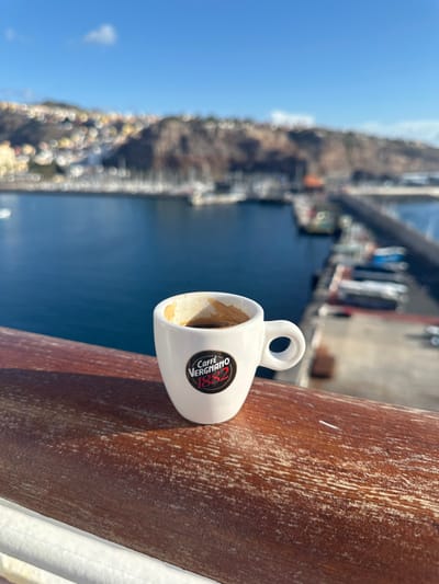 A small, white ceramic espresso cup with a handle, featuring the black oval "Caffè VERGNANO 1882" logo, is positioned on a weathered brown wooden railing. The cup contains a dark liquid, consistent with espresso, with visible residue on the interior rim. The railing is part of an elevated structure, such as a ship's deck or balcony, overlooking the harbor of San Sebastián De La Gomera, Spain. The blurred background features a deep blue body of water, reflecting sunlight. A marina populated by numerous boats and yachts is visible, with a pier extending into the water from the right side of the frame. A city built into a prominent hillside forms the distant backdrop under a clear blue sky. No individuals or explicit actions are discernible.
