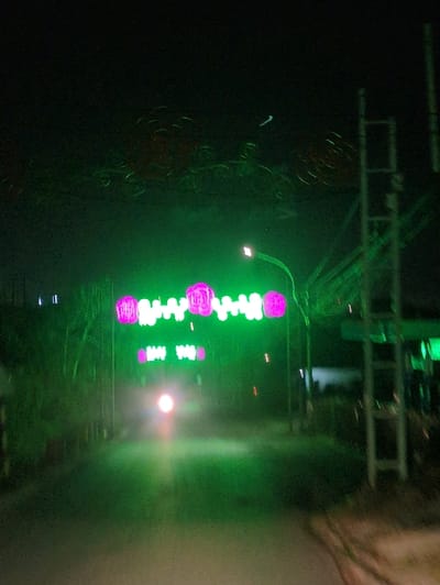 The image captures a nocturnal scene in Dalat, Vietnam, centered on a decorative archway spanning a paved road. The archway is illuminated with neon-like LED lights, featuring an upper row of prominent circular pink motifs, strongly resembling stylized flowers, alternating with linear green light patterns. A second, less distinct row of similar green and pink lights is visible below. Above the main illuminated arch, faint, dark curvilinear decorative elements are discernible against the dark sky. To the right of the archway, a single street light on a curved pole casts a white light. In the distance, centered beneath the archway, a bright white headlight indicates an approaching vehicle. To the far right of the frame, a vertical, multi-tiered metal support structure is partially visible. The paved road surface reflects a green hue from the archway lights, and an unpaved shoulder borders the road on the right. No individuals are visible.