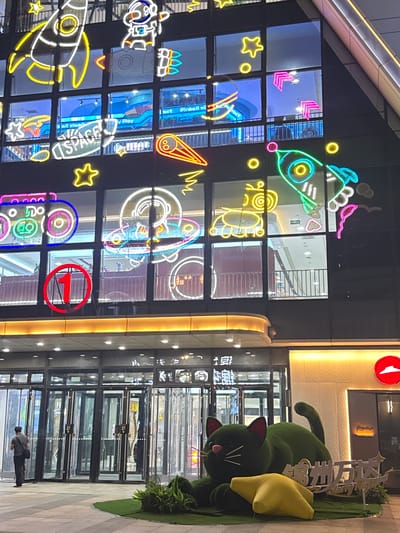 This is a nighttime photograph taken in Taihe District, China, depicting the exterior of a building with a facade illuminated by a vibrant display of neon lights and a large, plush green cat sculpture. The neon lights form various cartoonish shapes, including rockets, stars, and celestial bodies, creating a playful and whimsical atmosphere. The building's windows reveal the interior of what appears to be a shopping mall or entertainment venue, with escalators and store displays visible.

In the foreground, to the right, a large, soft green cat sculpture lies on artificial grass, with a bright yellow cushion behind its head. The cat has distinctive white whiskers and pink ears and nose. Adjacent to the cat sculpture, a sign with Chinese characters and English text, "Stanggu," is visible.

The entrance to the building features revolving glass doors. A lone individual, dressed in dark clothing and wearing a face mask, stands near the entrance, looking towards the building. The lighting is artificial and bright, suggesting it is evening or night. The overall scene conveys a sense of urban entertainment and visual appeal, likely aimed at attracting visitors, especially children, with its colorful and imaginative decorations. The text "SPACE" is clearly visible in neon letters on the building's facade.