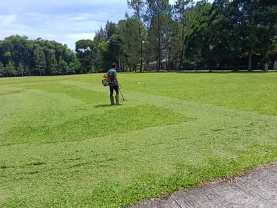 A man, wearing a dark green short-sleeved shirt, dark pants, and tall brown boots, operates a backpack leaf blower on a vast, well-maintained green lawn under a bright blue sky with scattered white clouds. The lawn appears to be part of a park or golf course in Bandar Baru, Indonesia, with a dense line of diverse trees forming the background. The man is positioned in the left-center of the frame, facing away from the viewer, and appears to be clearing debris from the mown grass. To the right of the frame, a paved pathway is visible along the edge of the lawn. The overall scene depicts a sunny day with outdoor maintenance work in progress.