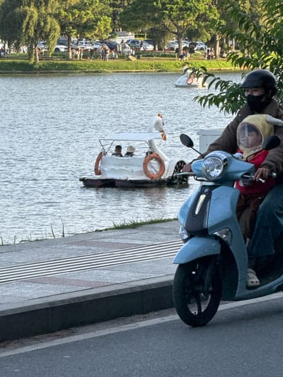 This image captures a scene at Xuan Huong Lake in Da Lat, Vietnam. In the foreground, a light blue scooter is being ridden by a person wearing a black helmet and face mask. A child, wearing a yellow hood with animal ears and a clear plastic face shield, is seated in front of the rider. Behind the scooter, Xuan Huong Lake is visible, with a pedal boat shaped like a white swan floating on the water. Several people are visible on the pedal boat, and another boat with a canopy is also on the lake with passengers. In the background, trees and parked cars line the shore of the lake, suggesting a public park or recreational area. The pavement in the foreground has a textured pattern with white and reddish-brown stripes.