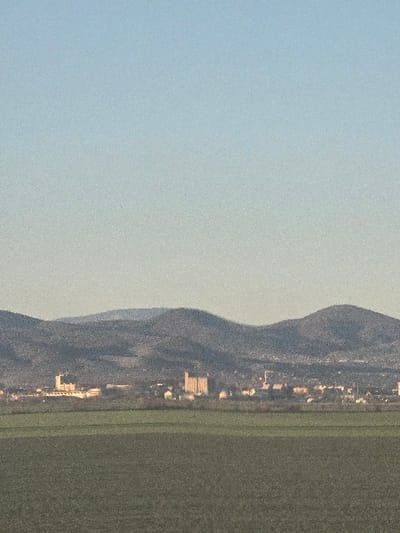 The image displays a panoramic distant view of the city of Diadovo, Bulgaria. In the foreground, a large, flat expanse of cultivated land, appearing dark green, occupies the lower third of the frame. The midground features the urban landscape of Diadovo, situated beyond a faint line of vegetation. Notable structures include a prominent, light-colored, multi-story building with a flat roof on the left, and a distinctive, tall, block-like structure, possibly a silo, in the center-right. Various smaller buildings with light-colored walls and some red roofs are scattered throughout the townscape. The background consists of a range of dark, undulating mountains or hills. The sky above is clear and light blue, gradually lightening towards the horizon. No individuals, specific actions, or interactions are discernible. The scene is illuminated by natural daylight.