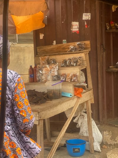An outdoor market stall is depicted in Odo Ona, Nigeria, featuring a partially visible individual in the foreground and a wooden display stand laden with various goods. The person, viewed from behind, wears a purple headwrap and a patterned garment with orange, white, and purple circular motifs.
The multi-tiered wooden stall, constructed from light-colored planks, displays numerous small, clear plastic bags containing dried food items on its upper shelves. The main counter of the stall holds a pile of dark, irregularly shaped dried goods, likely pomo, positioned to the left. To the right of these goods, a clear plastic bucket with a purple handle contains a dark liquid and submerged items. A light blue plastic utensil rests beside the bucket. Two plastic bottles, one red and one amber, stand near the left edge of the counter.
The background consists of a weathered brown corrugated metal wall, to which several faded papers and posters are affixed, including one referencing "Airtel 4G" and another with "2024". An orange fabric awning hangs above the stall. Below the stall, a blue plastic bucket with a white label reading "AYOMI AKINJO" is visible on the ground, alongside a white sack and a collection of sticks or a broom. Daylight illuminates the scene.
