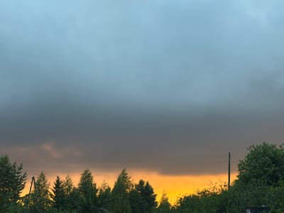 This is a photograph of a dramatic sky over the city of Petukhi, Russia. The upper portion of the image is dominated by a gradient of pale blue and grey clouds, suggesting an overcast or stormy condition. Below the clouds, a band of intense orange and yellow light illuminates the horizon, likely from a sunset or sunrise filtered through the atmospheric conditions. A dark silhouette of dense green trees forms a horizontal line across the lower third of the image. Visible amongst the trees are utility poles with power lines strung between them. The overall impression is one of a striking natural phenomenon occurring over a semi-rural or suburban landscape.