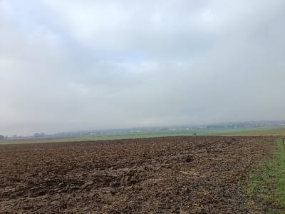 The scene presents an expansive agricultural landscape in Niederhausbergen, France, under an overcast sky. The foreground is dominated by a large, dark brown field of tilled soil, exhibiting a muddy and uneven texture with visible clumps of earth and minor plant debris. A narrow strip of green grass or vegetation borders the field along its right edge. Beyond this, in the midground, lies a distinct band of lighter green cultivated land. The distant background reveals the hazy, obscured outline of a rural settlement, encompassing various structures consistent with residential buildings and industrial elements, including what appears to be a water tower or silo visible towards the left side of the horizon. Atmospheric haze partially obscures the full detail of these distant constructions. No individuals, animals, or immediate human actions are depicted within the scene. The sky is uniformly light grey, indicating dense cloud cover.