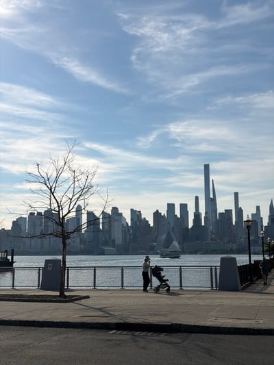 This is a vertical, eye-level photograph taken in Weehawken, USA. The scene depicts a waterfront promenade overlooking a cityscape across a body of water.
The main subjects include two people and a stroller on the promenade. One person, wearing a light-colored shirt and dark pants, is standing and appears to be looking out towards the water. They are holding the handle of a stroller, which is positioned in front of them. Behind this person, another individual, dressed in shorts and a t-shirt, is walking away from the camera.
The setting is a paved promenade with a metal fence separating it from the water. Beyond the fence, the water reflects the sky and cityscape. The cityscape itself is dominated by numerous skyscrapers of varying heights and architectural styles, creating a dense urban skyline. A bare-branched tree stands in the foreground on the left side of the image, its silhouette stark against the sky and city. The sky is a clear blue with wispy white clouds streaking across it.
The time of day appears to be late afternoon or early evening, suggested by the long shadows cast on the promenade and the quality of light. The weather seems pleasant, with a clear sky and no indication of rain. The overall mood is serene and contemplative, with the individuals seemingly enjoying the view.
There is no visible text in the image.