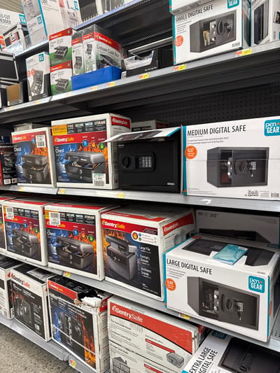This image captures a retail store aisle in Worcester, United States, showcasing a variety of safes and security storage boxes. The products are neatly arranged and stacked on metal shelves, indicating a display for sale.

The primary subjects are numerous packaged safes and chests. Visible brands include "Pen+Gear" and "SentrySafe". The "Pen+Gear" line features "SMALL DIGITAL SAFE" (0.17 cubic feet), "MEDIUM DIGITAL SAFE" (0.57 cubic feet), "LARGE DIGITAL SAFE" (0.88 cubic feet), and "EXTRA LARGE DIGITAL SAFE". These digital safes often highlight features like "Solid Steel Construction with Removable Shelf" and "Programmable Digital Lock & Backup Key".

The "SentrySafe" products include various "Chest" models, some labeled as "FIRE SECURE WATER STORAGE" with a "0.36 FT³ CAPACITY", and "Large File Format L Dossier" or "Archivero Grande" safes. Other visible products include a "Deluxe Cash Box", and partially visible packaging for an "S-CUT SHREDDER" and an "ORGANIZING CART".

The scene suggests an indoor retail environment, likely a supermarket or general merchandise store, with products ready for purchase. No people are visible, and there's no specific activity taking place other than the static display of goods. The image is oriented sideways, causing the shelves and products to appear on their sides. A price tag with "$988" is partially visible on one of the shelf edges.