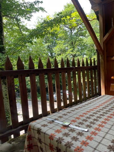 This image captures an outdoor scene from a wooden structure, likely a balcony or gazebo, in Kamianytsia, Ukraine. The perspective is tilted, looking out from an elevated position into a verdant landscape.
In the foreground, occupying the right side of the frame, is a section of a patterned fabric, possibly a cushion or blanket. It features a light background with a grid pattern and alternating brown and orange four-petal flower motifs. A silver-colored watch with a rectangular face and a metal link strap is resting on this fabric.
A prominent wooden fence or railing traverses the midground, acting as a barrier. It is constructed from horizontal wooden planks, many of which have distinctive pointed tops, contributing to a rustic aesthetic. Sunlight casts bright highlights on the wood.
Beyond the fence, the background is filled with abundant green foliage and trees, suggesting a natural or wooded setting. Bright patches of clear sky are visible through the leaves, indicating a sunny day. Glimpses of what appear to be parked cars or a road can be seen through the gaps in the fence and foliage.
The upper part of the image reveals the underside of a wooden roof or ceiling structure, comprising exposed wooden beams and planks. The overall impression is that of a serene outdoor vantage point overlooking nature. There is no visible text.