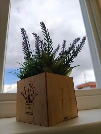 A close-up, low-angle shot shows a small, wooden planter with a laser-etched design of a potted plant on its front. The planter holds artificial lavender and greenery. The planter is positioned on a white windowsill. Behind the planter, a window reveals a cloudy sky with patches of blue. In the background, out of focus, are the rooftops of buildings, suggesting an urban or suburban setting. This scene is not specific to Biaroza, Belarus, as there are no identifying markers or contextual clues to place it in that location.