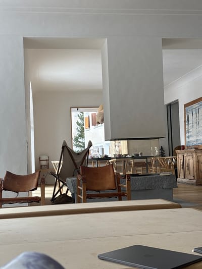 The image shows a living room interior in Celerina/Schlarigna, Switzerland.  There are several pieces of furniture including three leather chairs, two wooden tables, a large stone fireplace, and a wooden cabinet with an open door. The room is brightly lit, with white walls and wooden floors. There is a glass-paneled fireplace with a large stone hearth. Outside, a small window reveals a green pine tree and a partially visible building with a roof and a few windows. A laptop computer is visible on a table in the foreground of the image. The room is empty of people and the only action taking place is a small dog sleeping on the floor between two chairs.